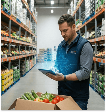 Warehouse worker with tablet managing inventory